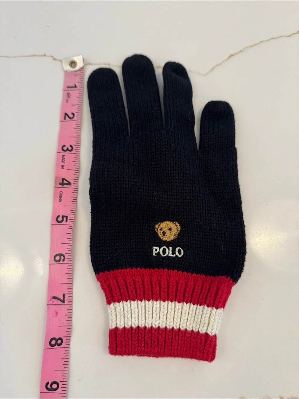 Polo by Ralph Lauren Black Knit Kids Gloves with Polo Bear and Stripe Cuff